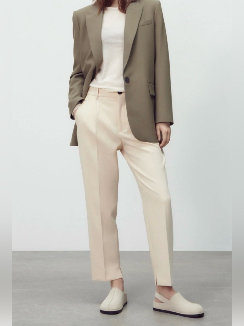 Zara Cream Ivory Tailored Straight Leg Ankle Trousers Size Large High Rise